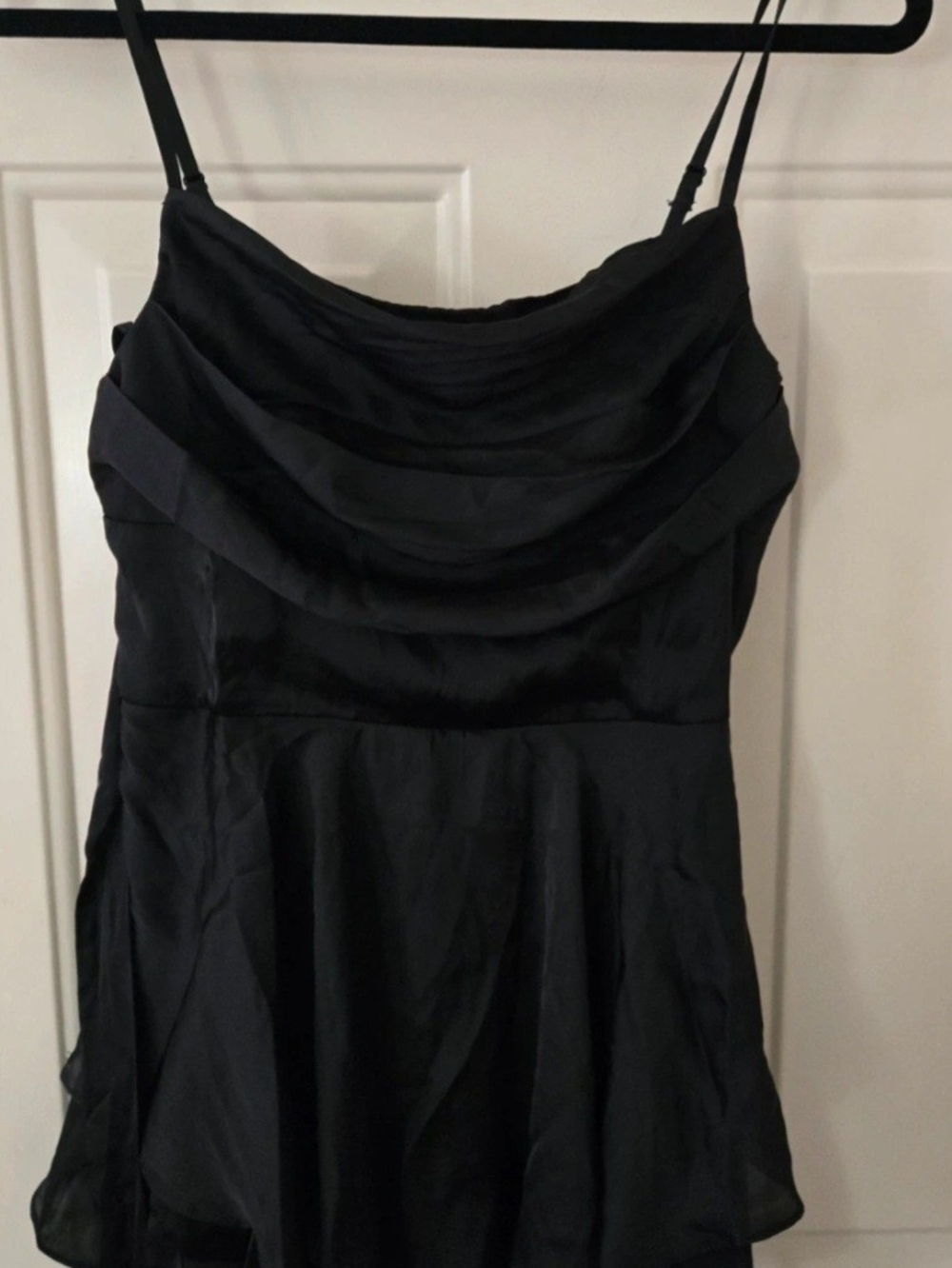 Francesca's Collections Black Satin Cowl Neck Spaghetti Strap Romper